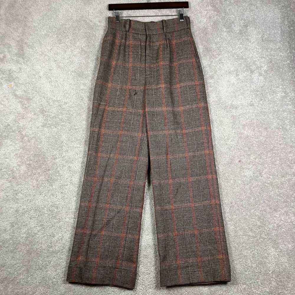 Vintage 70s Plaid Trousers Womens Brown Orange High Waist Wide Leg Talon Zip